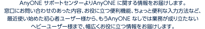 AnyONE サポートセンターよりAnyONE に関する情報をお届けします。 窓口にお問い合わせのあった内容、お役に立つ便利機能、ちょっと便利な入力方法など、最近使い始めた初心者ユーザー様から、もうAnyONE なしでは業務が成り立たない ヘビーユーザー様まで、幅広くお役に立つ情報をお届けします。